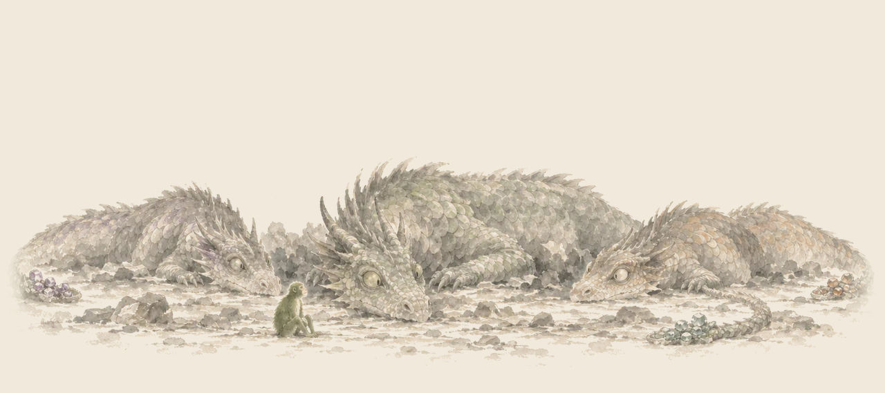A small green monkey sits on a cavern floor before three huge dragons lying side by side, with heaps of jewels near their tails.