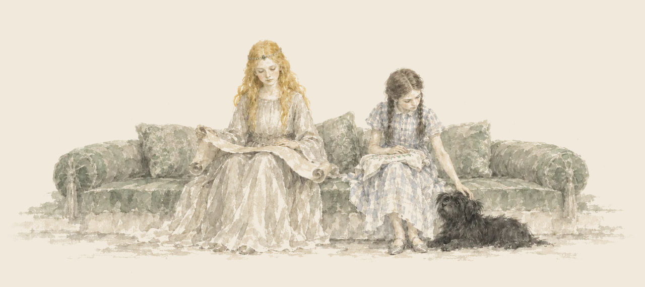 Ozma and Dorothy sit side by side on a cushioned sofa, Ozma reading a scroll and Dorothy with embroidery in her lap, patting Toto.