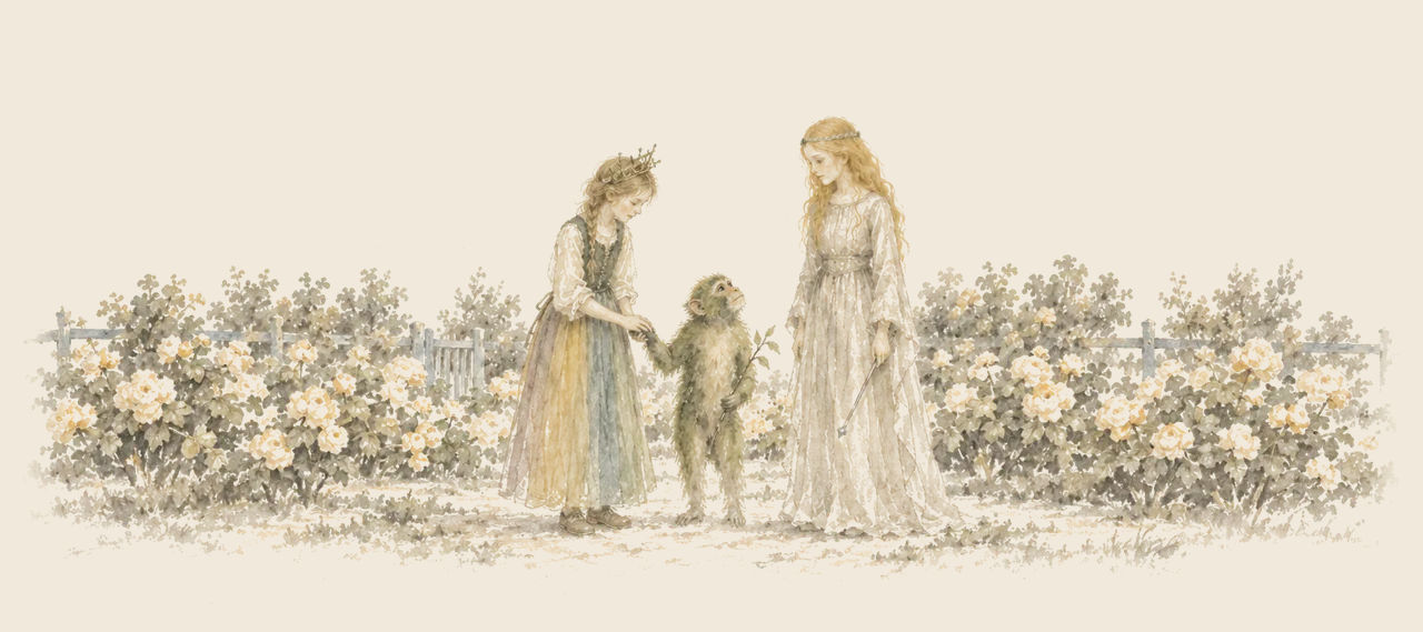 Jinjur, wearing a small crown, holds a green monkey's paw among the cream-puff bushes while Ozma, holding a wand, looks down at him.