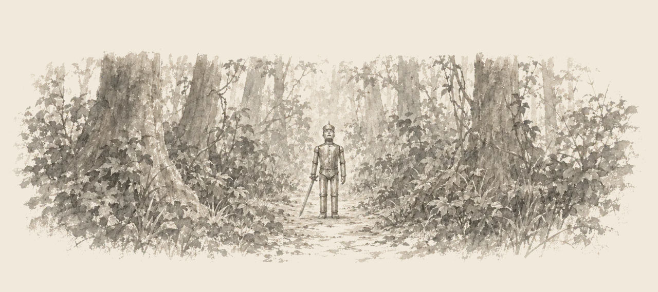 The Tin Soldier stands rusted and alone on a narrow forest path between thick trunks and vines, his jaws parted, a long sword in his hand.