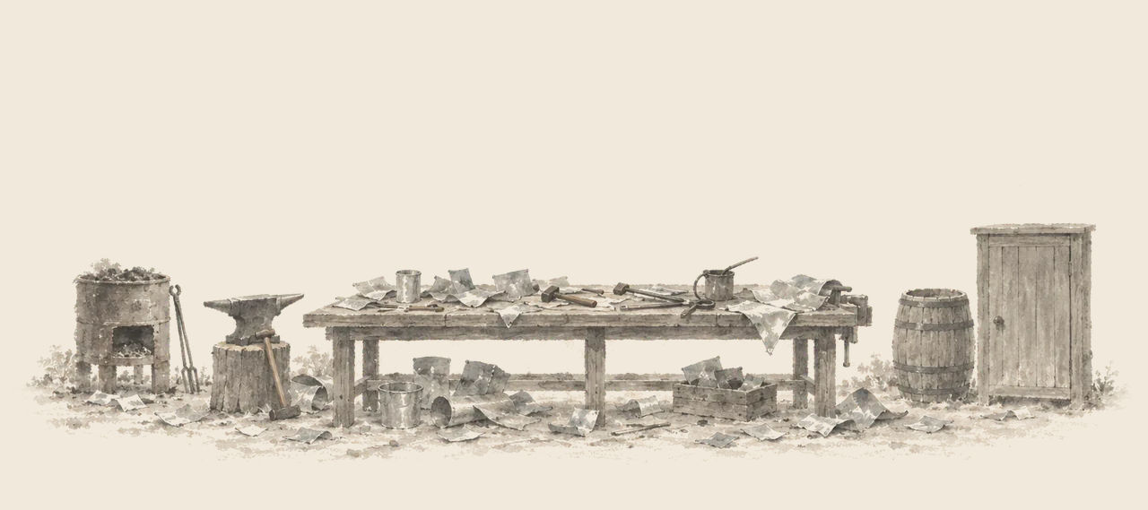An empty tinsmith's workshop with a long table strewn with tin scraps and tools, an anvil, a furnace, a barrel and a closed cupboard.