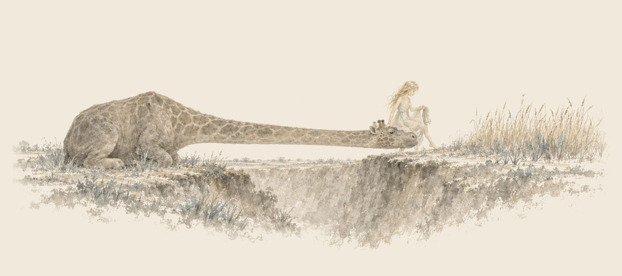 The Hip-po-gy-raf stretches its long neck across a deep ditch like a bridge, and Polychrome sits on its head at the far edge.