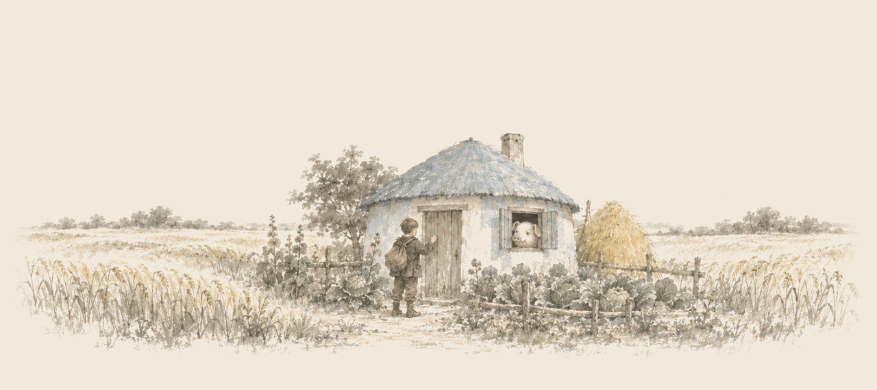 Woot knocks at the door of a small round Munchkin house with a cabbage garden and a haystack, while a white pig looks out of the window.