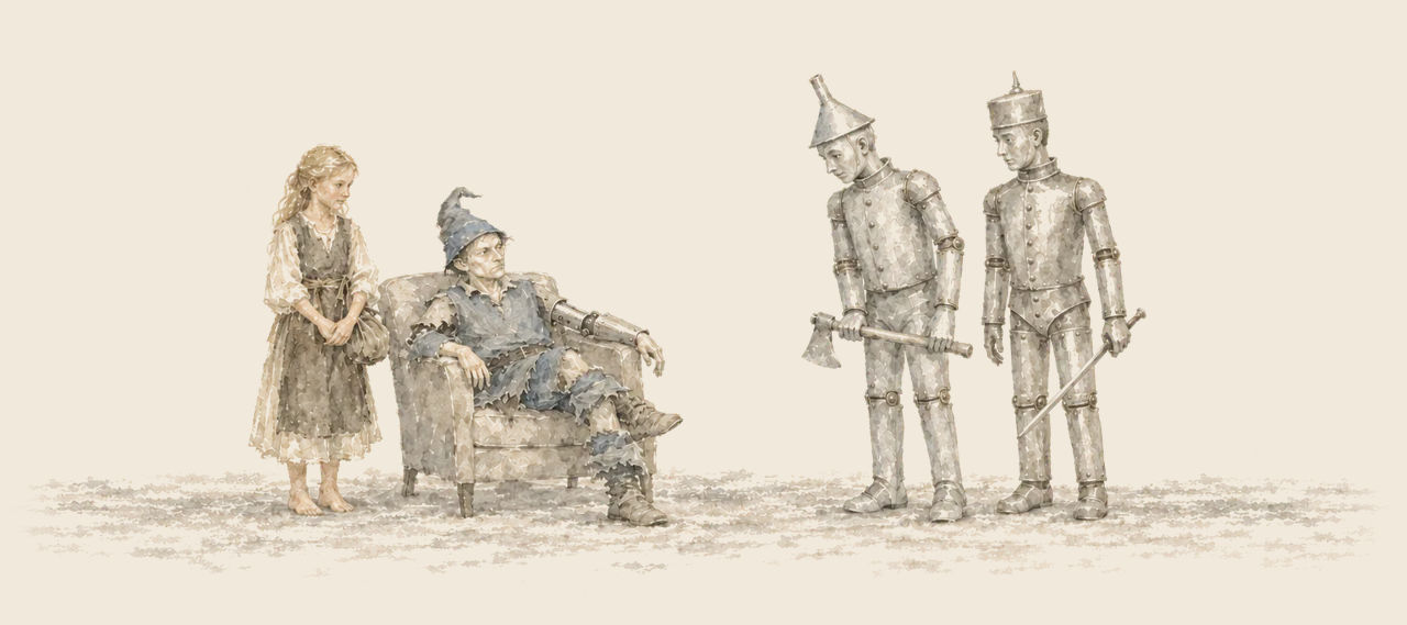Chopfyt, a man with one tin arm, lounges in an armchair beside barefoot Nimmie Amee and scowls at the Tin Woodman and the Tin Soldier.