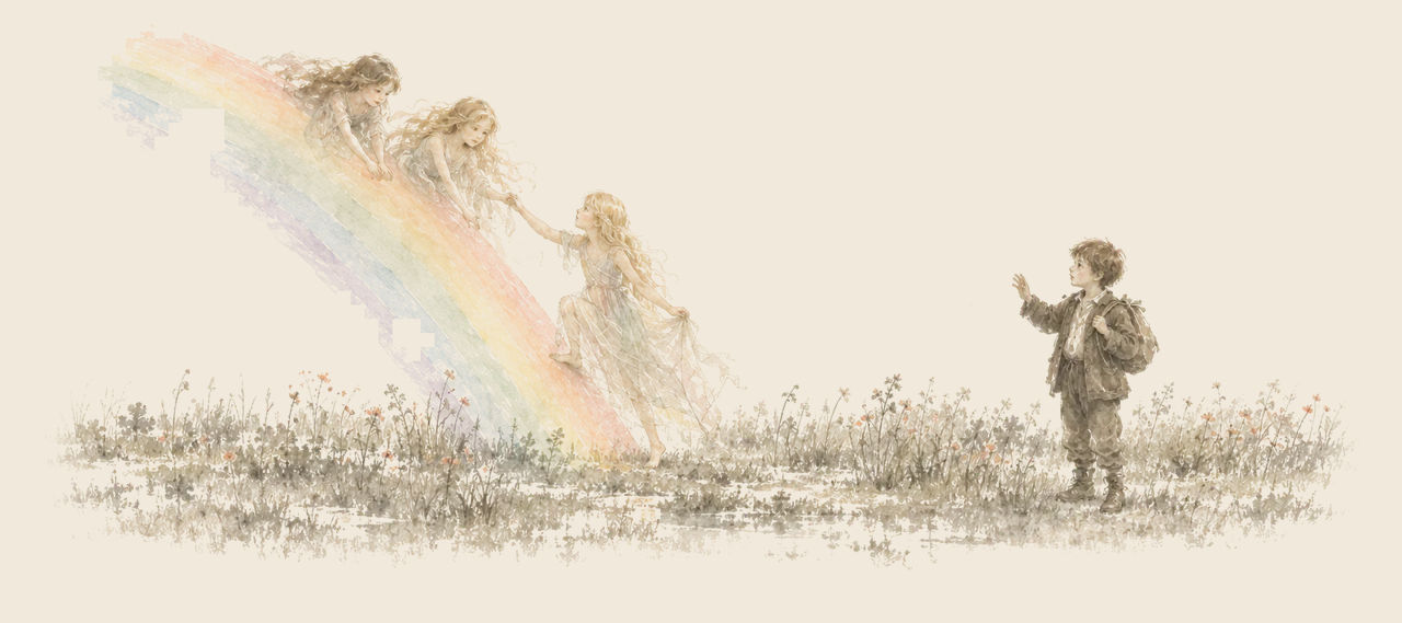 Polychrome steps down a rainbow touching the meadow, taking the hand of a sister maiden above, as Woot watches and waves.