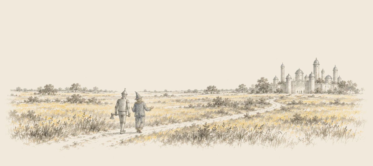 The Tin Woodman and the Scarecrow walk away side by side, talking, along a winding path toward a distant castle.