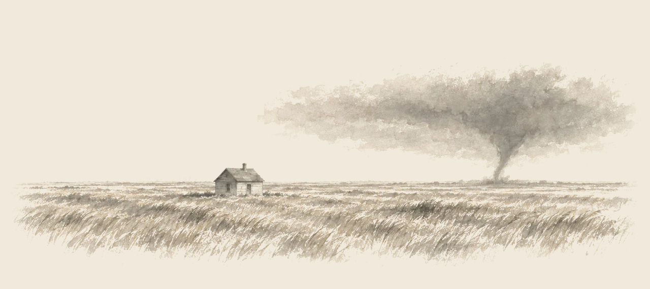 A small wooden farmhouse stands alone on the flat Kansas prairie, grass bent by the wind, as a funnel cloud descends far behind it.