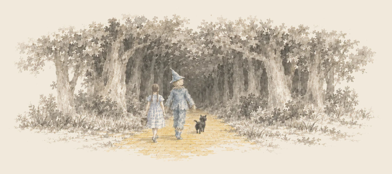 Dorothy and the Scarecrow walk along the yellow brick road into a forest whose branches meet overhead, Toto trotting between them.