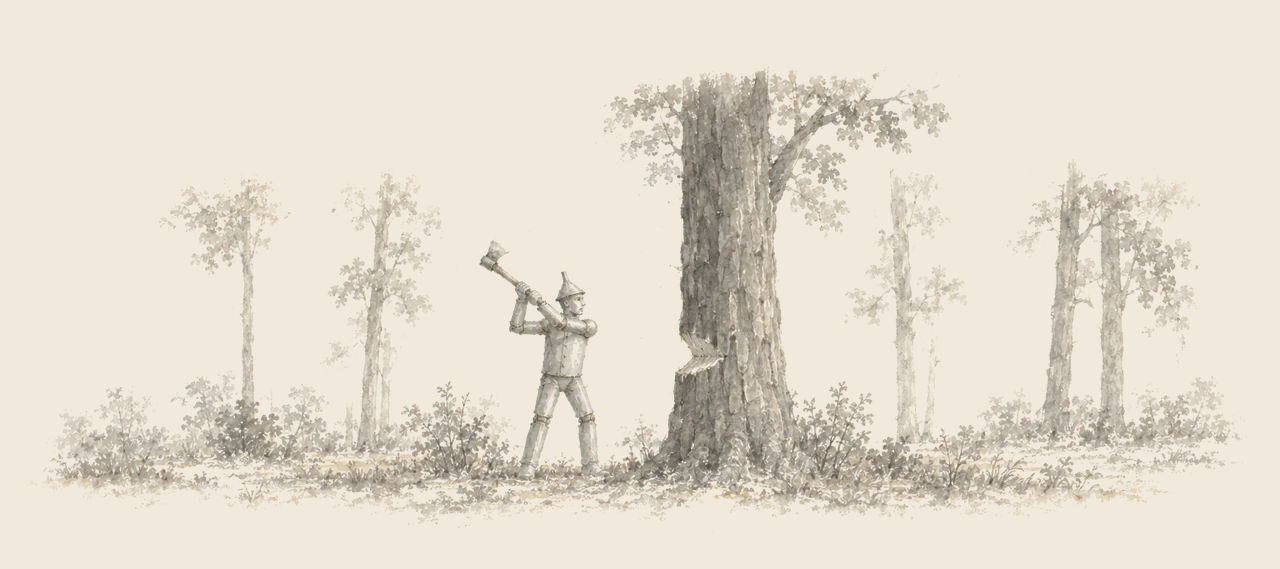 The Tin Woodman stands rusted still beside a tall tree with a deep notch chopped in it, his axe raised in both hands.