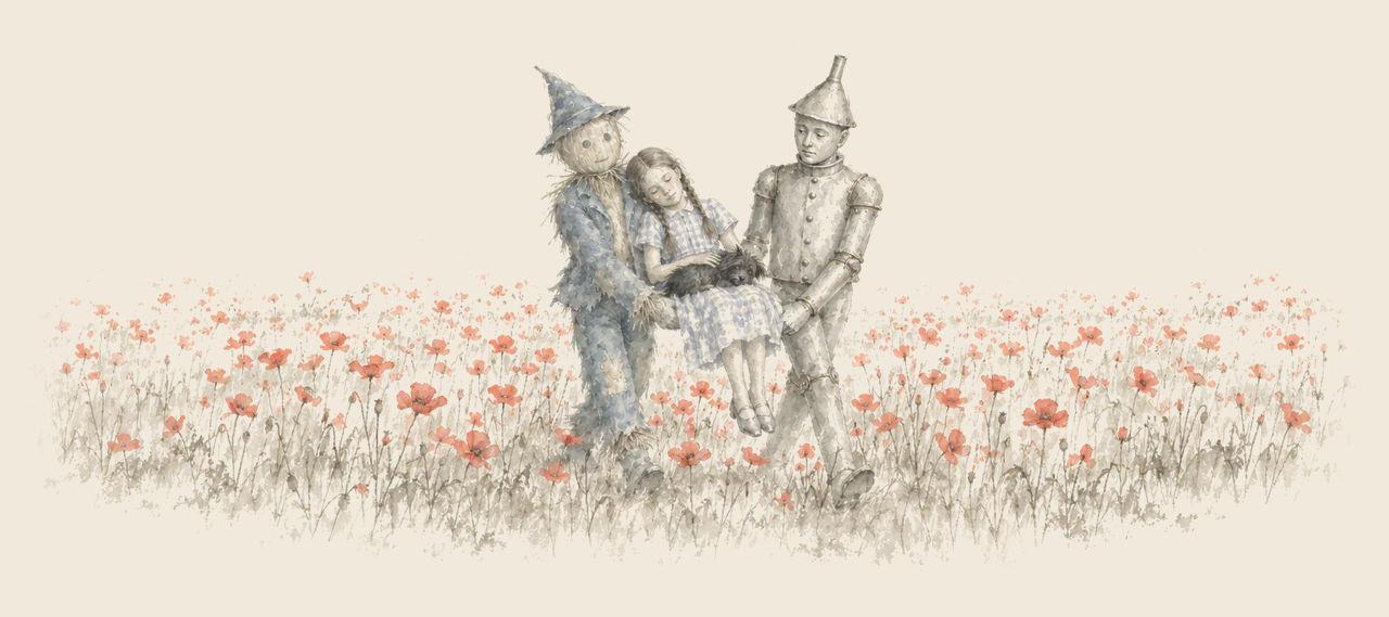 The Scarecrow and the Tin Woodman carry the sleeping Dorothy between them across a field of red poppies, Toto asleep in her lap.