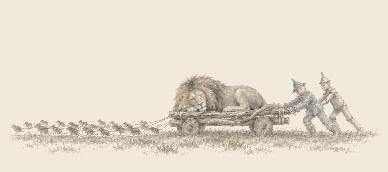 A long string of tiny field mice draw a wooden cart carrying the sleeping Cowardly Lion, while the Scarecrow and the Tin Woodman push from behind.