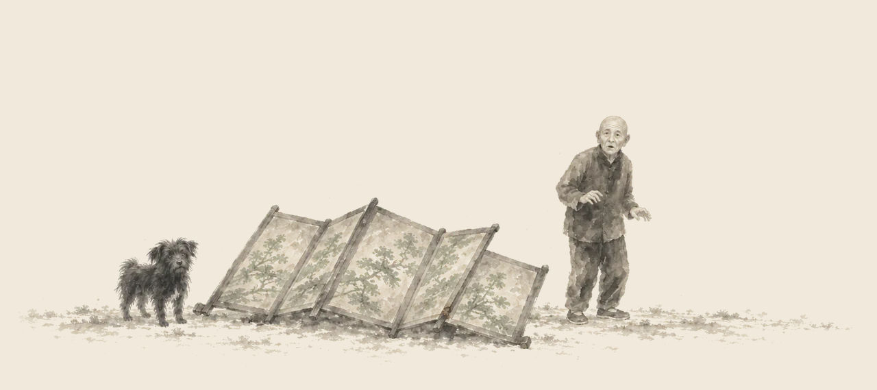 A little old bald man stands looking startled beside a tall folding screen tipped over on the floor, with Toto at its other end.
