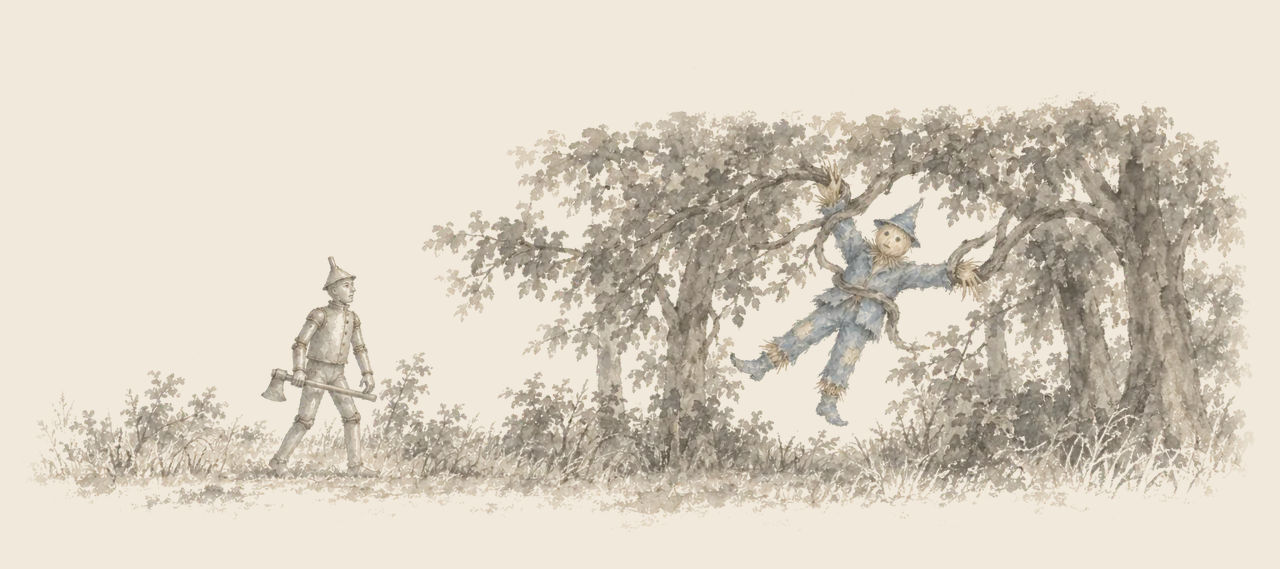The Scarecrow is lifted off the ground by the bent branches of the Fighting Trees while the Tin Woodman stands back with his axe.