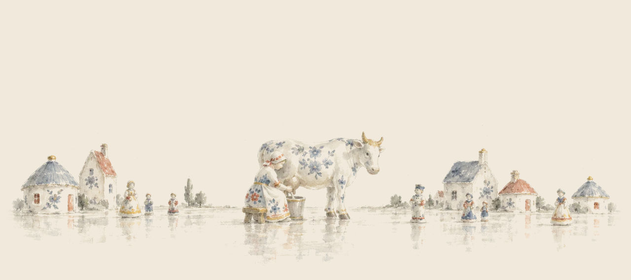 A china milkmaid milks a china cow on a smooth white floor, with small china houses and little china people scattered around them.