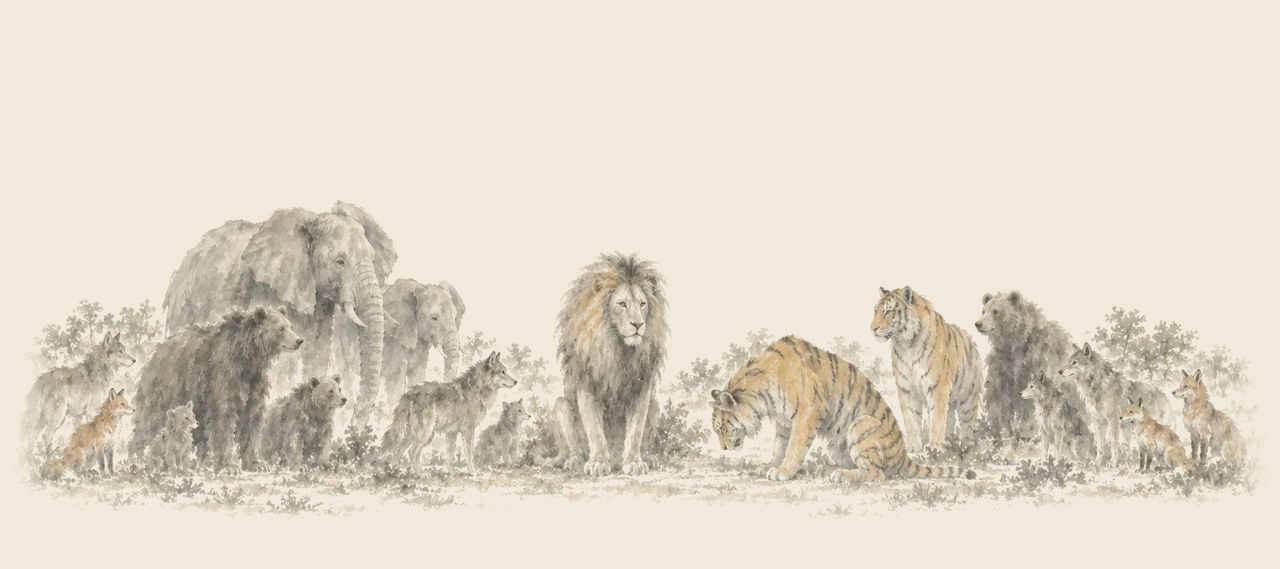 The Cowardly Lion sits at the centre of a gathering of tigers, elephants, bears, wolves and foxes in a forest clearing.