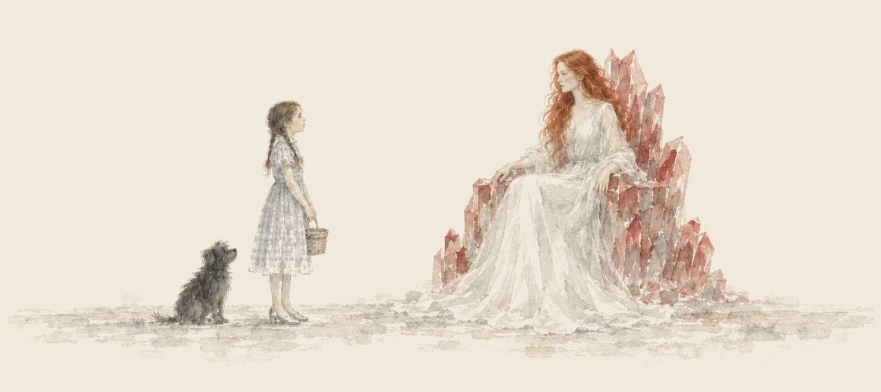 Glinda sits on a throne of red crystals in a white dress, her red hair falling about her, while Dorothy and Toto stand before her.